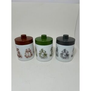 Vintage Milk Glass Canister Set Colonial Village Scene Brown Green Grey Lids 3pc